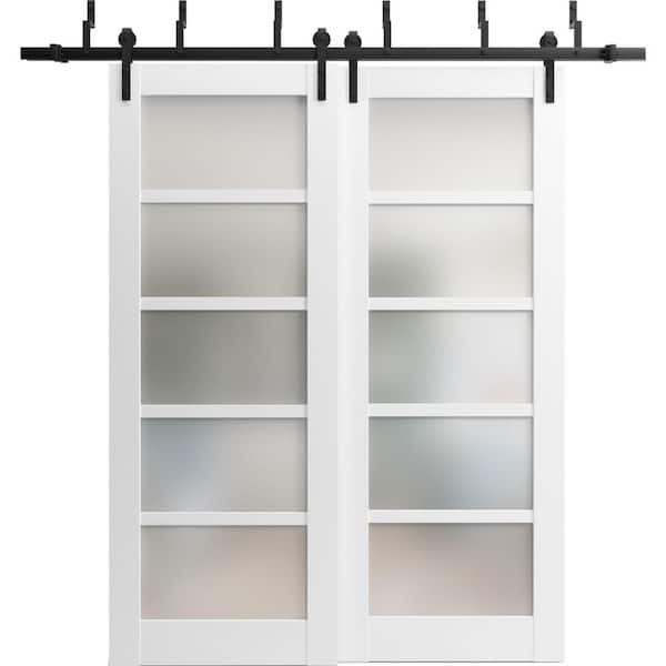 Sartodoors 64 in. x 80 in. 2 Panel Frosted Glass White Solid MDF Sliding Barn Door with Hardware Kit