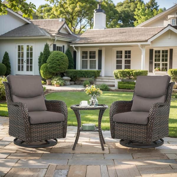 Crescent Moon Brown 3-Piece Wicker Patio Conversation Deep Seating Set with Gray Cushions