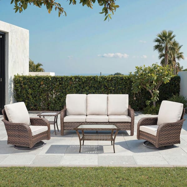 5-Piece Wicker Patio Conversation Set Rocking Chair Swivel Glide for Garden with Beige Cushions and Side Table