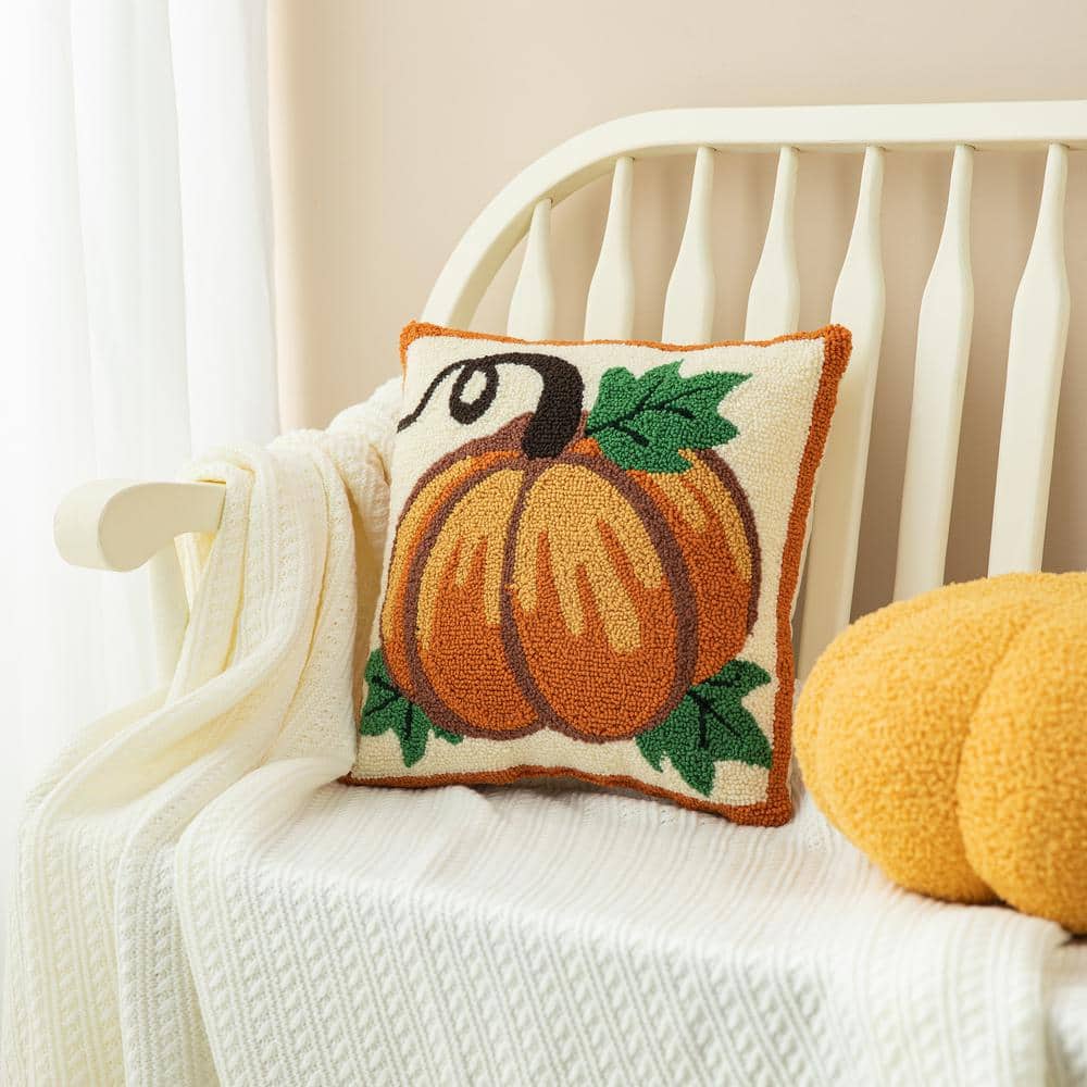 Handmade Hooked Pumpkin Fall Throw Pillow 14" x 14"
