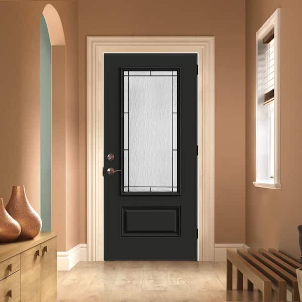 36 in. x 80 in. Left-Hand 3/4 Lite Decorative Glass Wendover Black Fiberglass Prehung Front Door