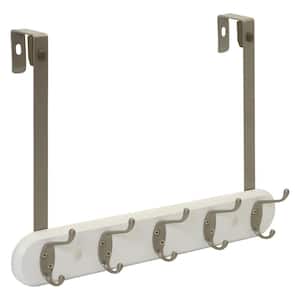 SnugFit J-Hook 5-Hook Over-the-Door or Wall-Mounted Dual-Mount Rack in Satin Nickel with White Wood