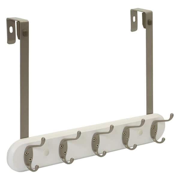 SnugFit J-Hook 5-Hook Over-the-Door or Wall-Mounted Dual-Mount Rack in  Satin Nickel with White Wood