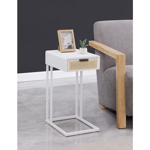 Amherst 11.75 in. White Rectangle Wood Top C-Shape Side Table with Drawer