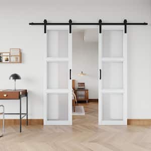 48 in. x 84 in. 3-Lite Tempered Frosted Glass and MDF Finished Double Sliding Barn Door with Hardware Kit