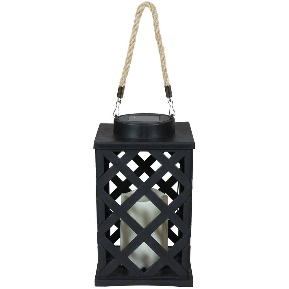 Black Crosshatch Solar LED Hanging Tabletop Candle Lantern