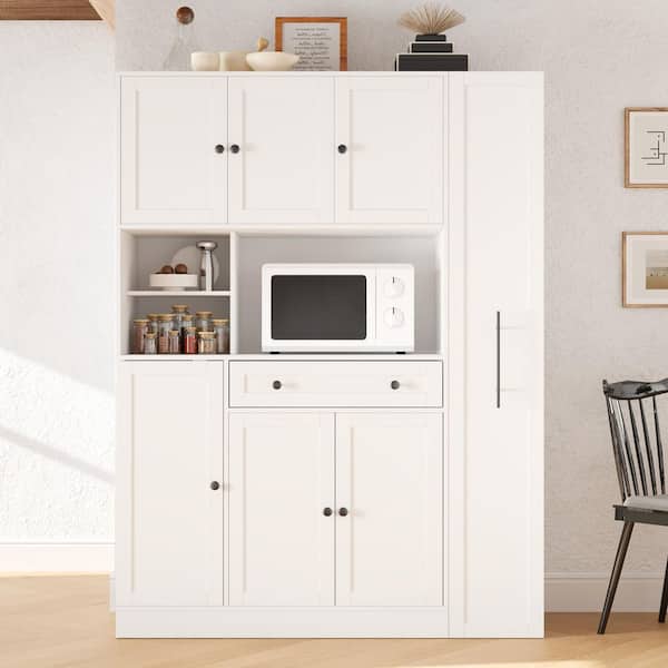 White Wood 52.8 in. x 70 in. Kitchen Pantry Cabinet with Hutch, Pull-Out Side Cabinet, Door Shelves and Drawer