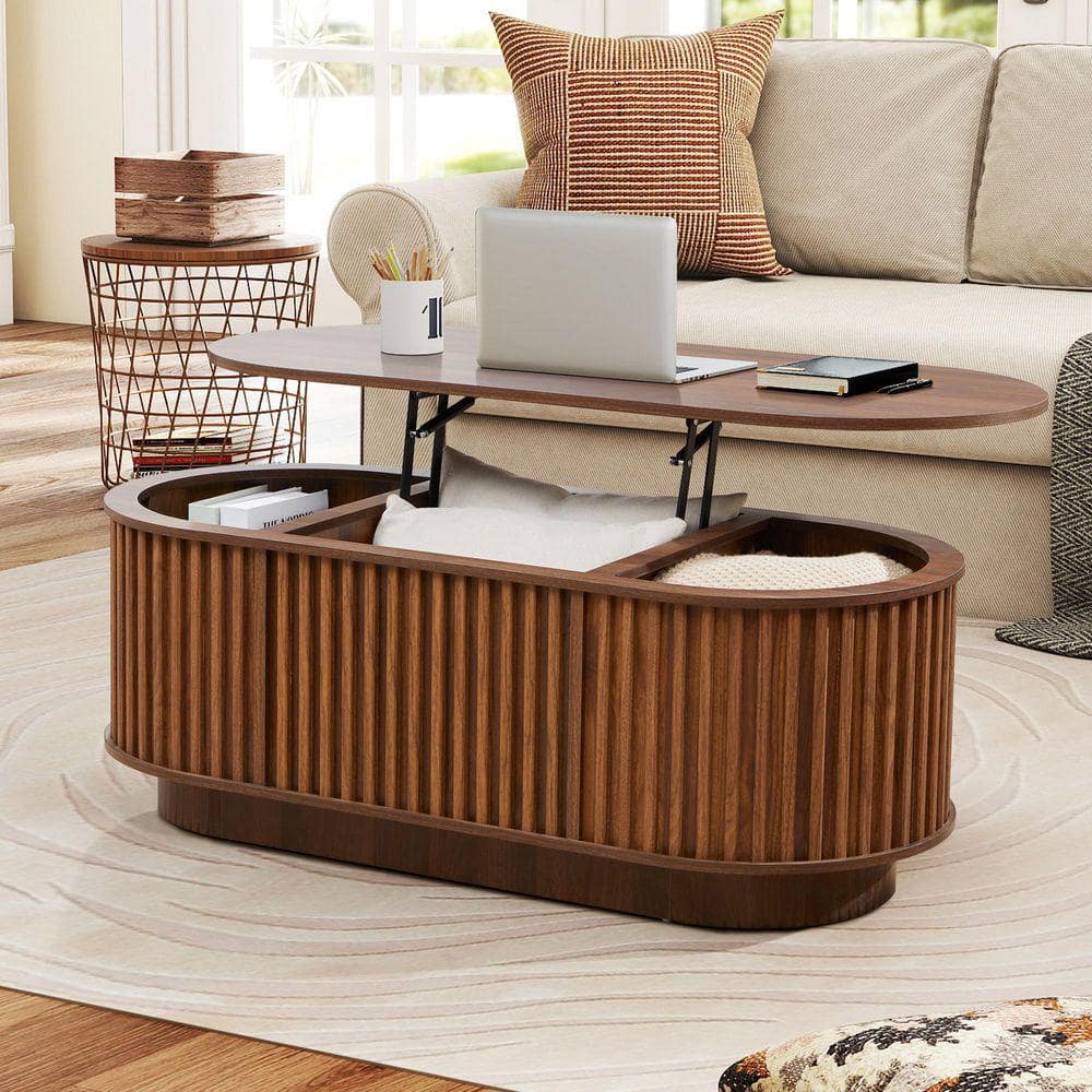 ATHMILE Square Strips Surround 43.3 in. Walnut Oval MDF Sofa