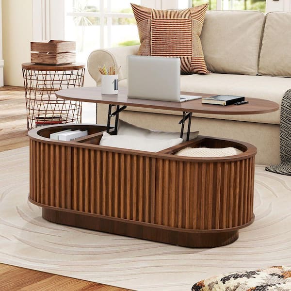 Square Strips Surround 43.3 in. Walnut Oval MDF Sofa/ Coffee Table with Adjustable Height