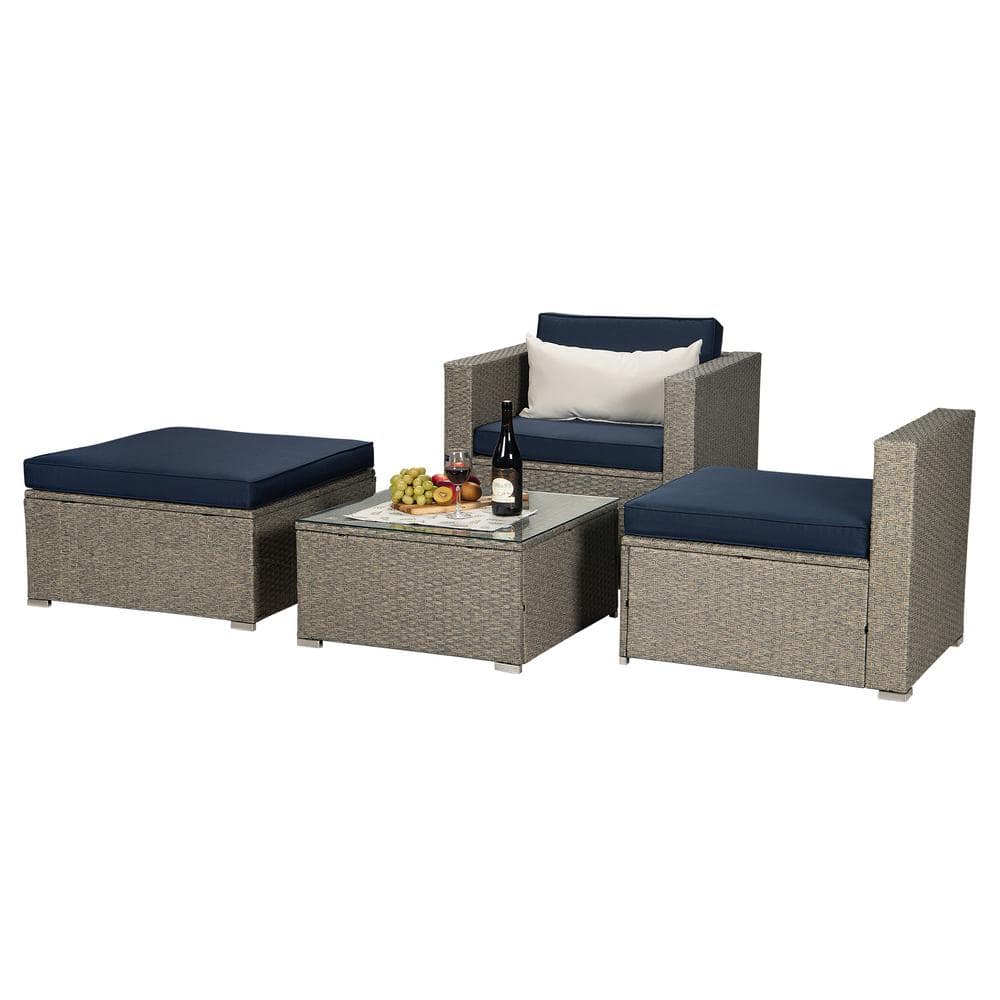 Gray 4-Piece PE Wicker Outdoor Sectional Sofa Set with Navy Cushions and 1 