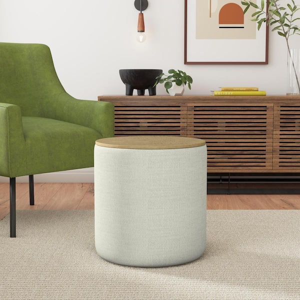 Homepop Light Gray Textured Woven Polyester Round Storage Ottoman with Wood Top