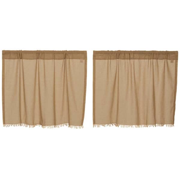 VHC BRANDS Tobacco Cloth 36 in. W x 24 in. L Cotton Sheer Fringed Edge Rod Pocket Farmhouse Cafe Curtain in Khaki Tan Pair