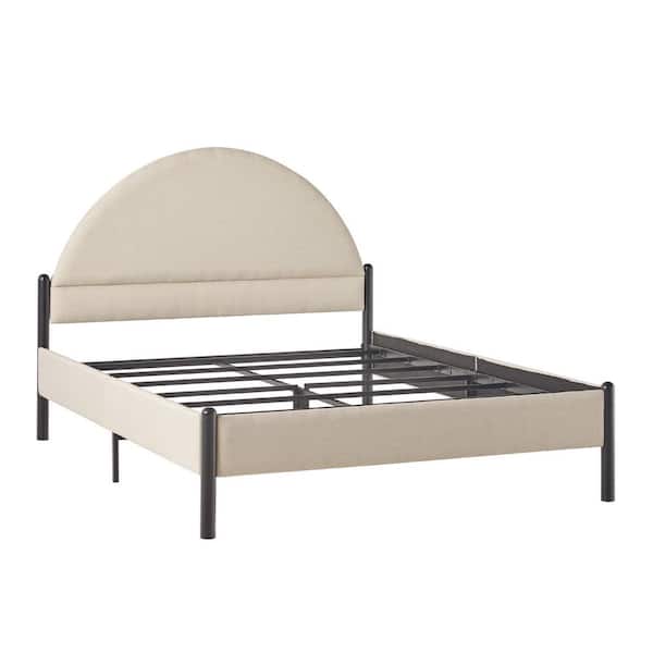 Modern Beige Fabric and Metal Frame Queen Platform Bed with Upholstered Arch Headboard