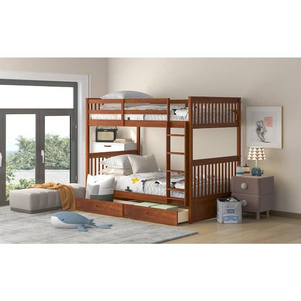 Walnut Twin-Over-Twin Bunk Bed with Ladders and 2 Storage Drawers