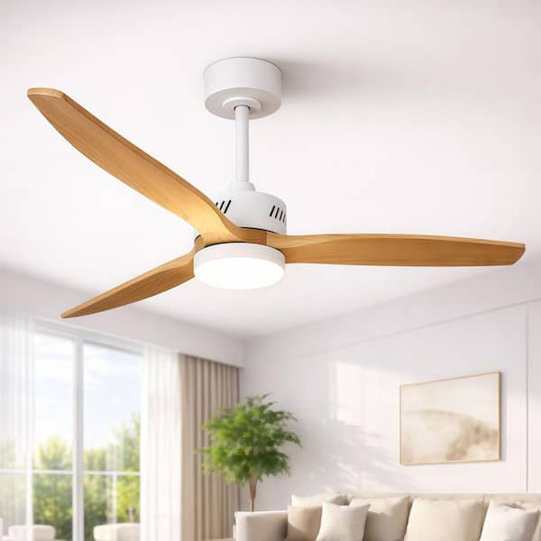 52 in. Integrated LED Indoor White Downrod Standard Ceiling Fan with Oak Blades, Dimmable Light,Remote,DC Motor