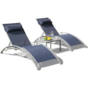 Aluminum 2-Piece Adjustable Stackable Outdoor Chaise Lounge in Blue Seat with Pillow and Side Table