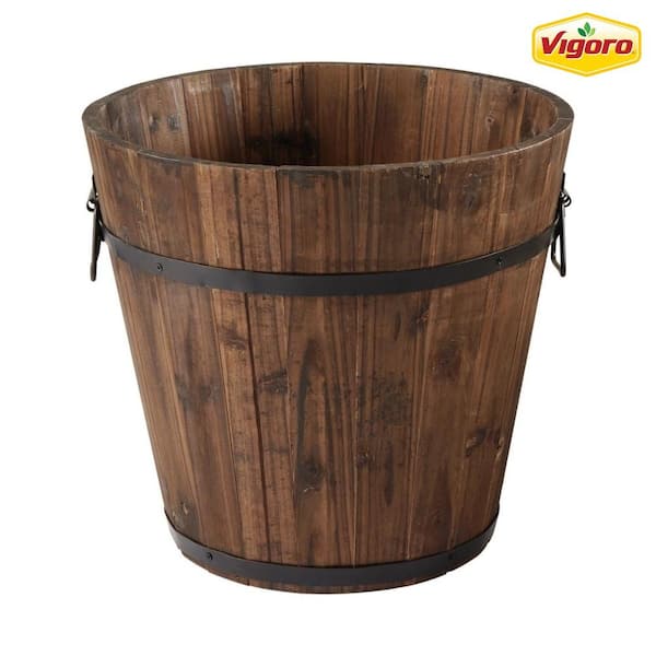 Vigoro 14 in. Jackson Medium Brown Wood Barrel Planter (14 in. D x 12.8 in. H) with Drainage Hole