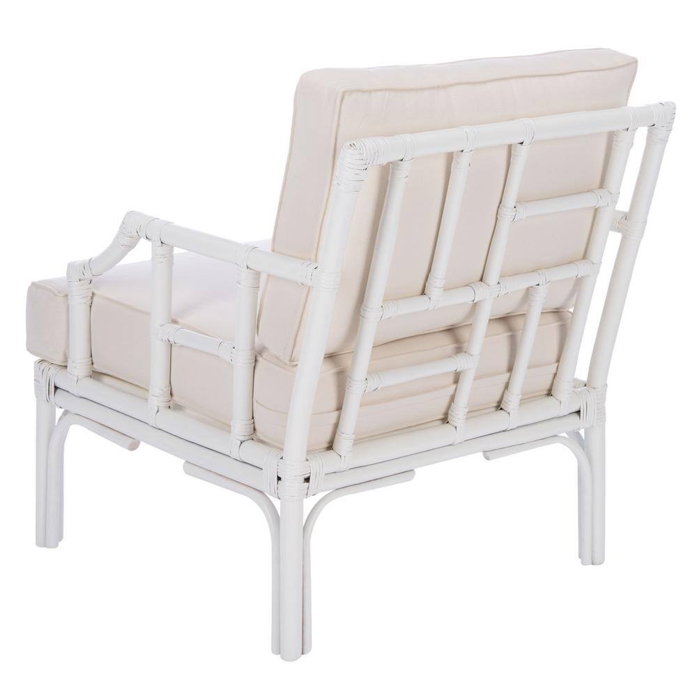 Chinoiserie-Chic White Rattan Accent Chair with Plush Cushion