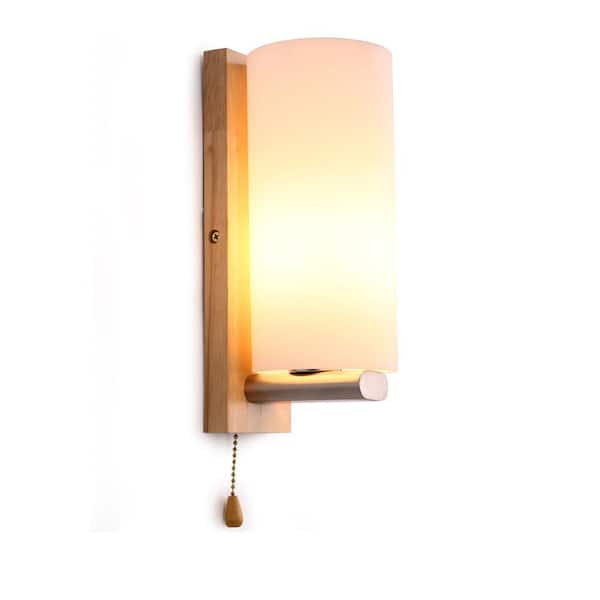 3.94 in. 1 Light Wood Modern Decorative Wall Sconce with White Glass Shade for Bedroom Living Room, No Bulbs Included