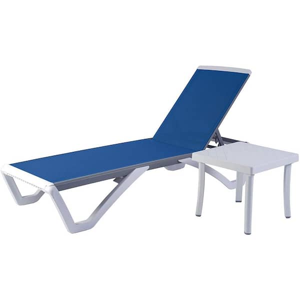 KOZYARD Full Flat Aluminum Patio Reclining Adjustable Chaise Lounge with Blue Textilence and Table
