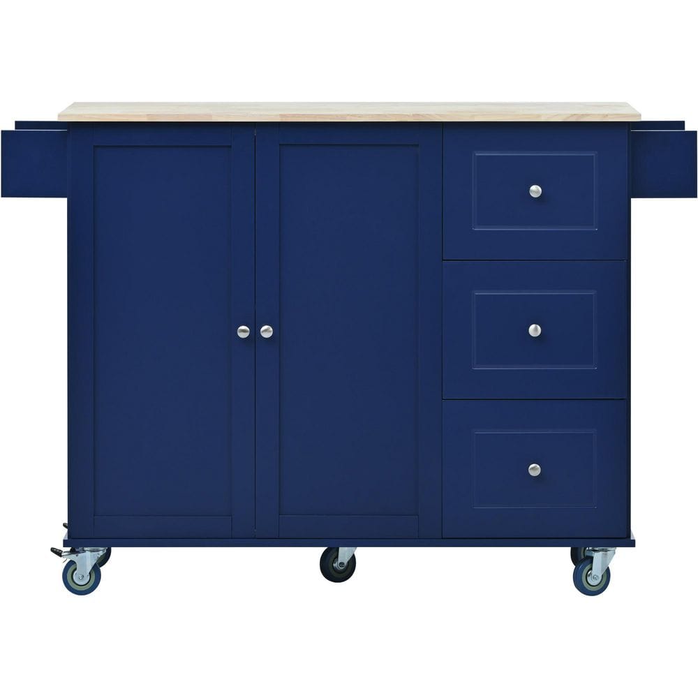 Blue Wood 53 in. Kitchen Island with Solid Wood Top, Drop Leaf, Spice Rack,