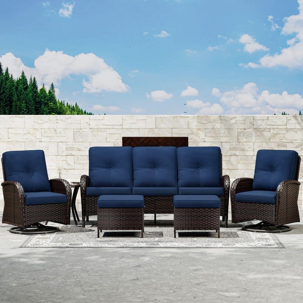 6-Piece Dark Brown Wicker Outdoor Patio Conversation Set with Side Table and Blue Cushions price history on PriceWatchPro