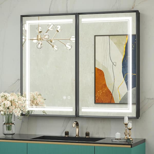 KeonJinn 30 in. W x 36 in. H Rectangular Aluminum Alloy Framed Recessed/Surface Mount Medicine Cabinet with Mirror Dimmable LED