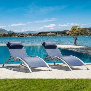 Aluminum 2-Piece Adjustable Stackable Outdoor Chaise Lounge in Blue Seat with Pillow