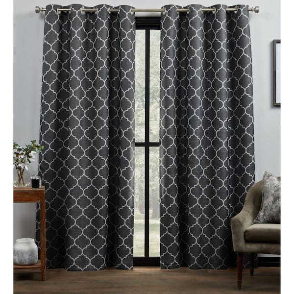 Bensen Trellis Black/White Trellis Blackout Grommet Top Curtain, 52 in. W x 96 in. L (Set of 2)