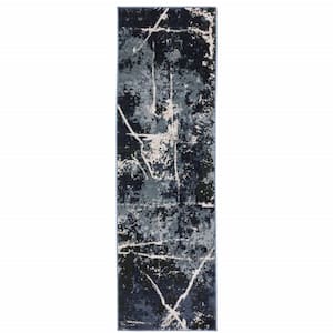 2' X 8' Blue Grey And Beige Abstract Power Loom Stain Resistant Runner Rug
