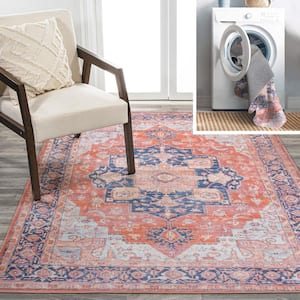 Maris Ornate Medallion Washable Terracotta/Navy 4 ft. x 6 ft. Area Rug