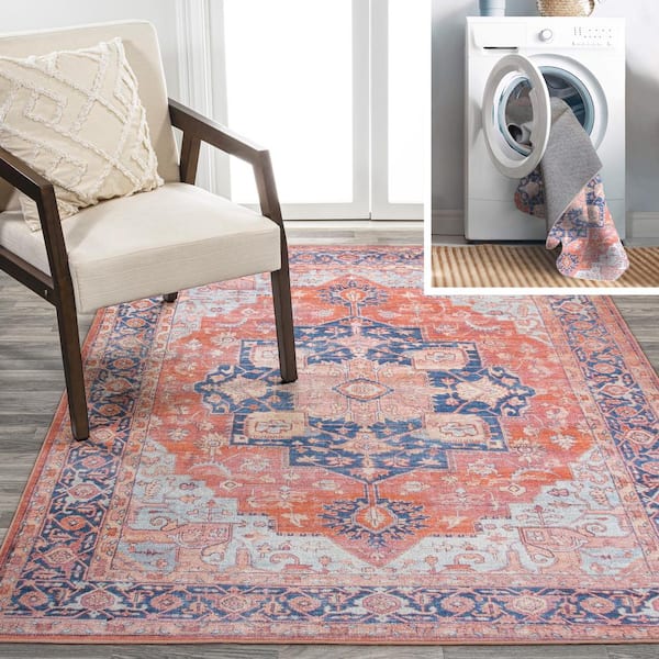 Maris Ornate Medallion Washable Terracotta/Navy 9 ft. x 12 ft. Area Rug