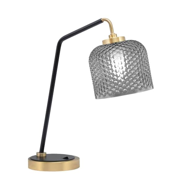 Unbranded Delgado 16.5 in. Matte Black and New Age Brass Desk Lamp with Smoke Textured Glass