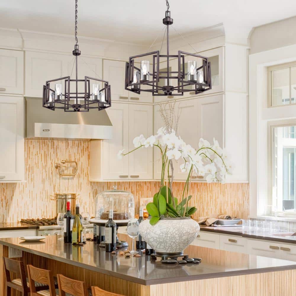 Contemporary Gunmetal Bronze Drum Chandelier with Clear Glass