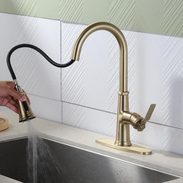 Stainless Steel 16.7 in. H Pull Down Sprayer Kitchen Faucet with 360° Spout Swivel and 3-Mode Spray in Gold