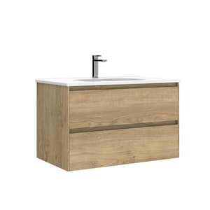 Perla 32 in. W x 18.1 in. D x 19.5 in. H Single Sink Wall Mounted Bath Vanity in Natural Oak with White Ceramic Top