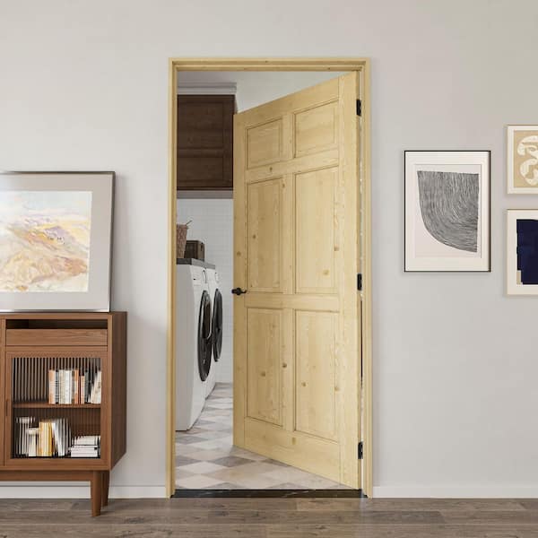 36 in. x 80 in. 6-Panel Right Solid Core Unfinished Pine Wood Single Interior Door with Quick Assemble Jamb