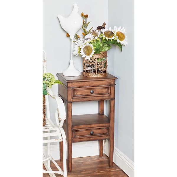 Litton Lane 12 in. Light Brown 2 Drawers and 1 Shelf Large Rectangle Wood End Accent Table