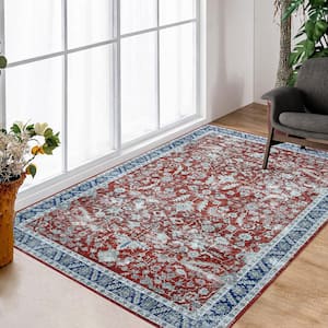 Red 5 ft. x 7 ft. Modern Persian Floral Distressed Indoor Area Rug