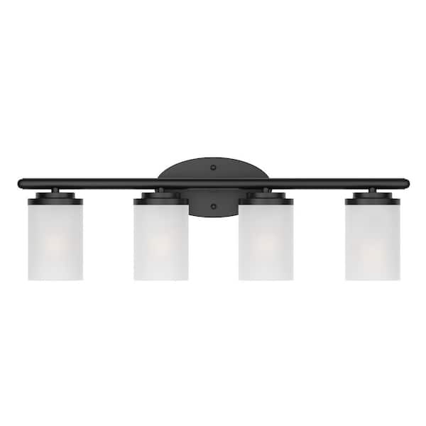 26.3 in. 4-Light Modern Bathroom Black Vanity Light Over Mirror with Milk White Glass Shades