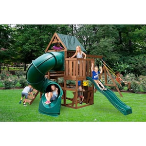 Tellico Terrace Ready-To-Assemble Wooden Outdoor Playset with 2 slides, Rock Wall, Tarp Roof, and Swing Set Accessories