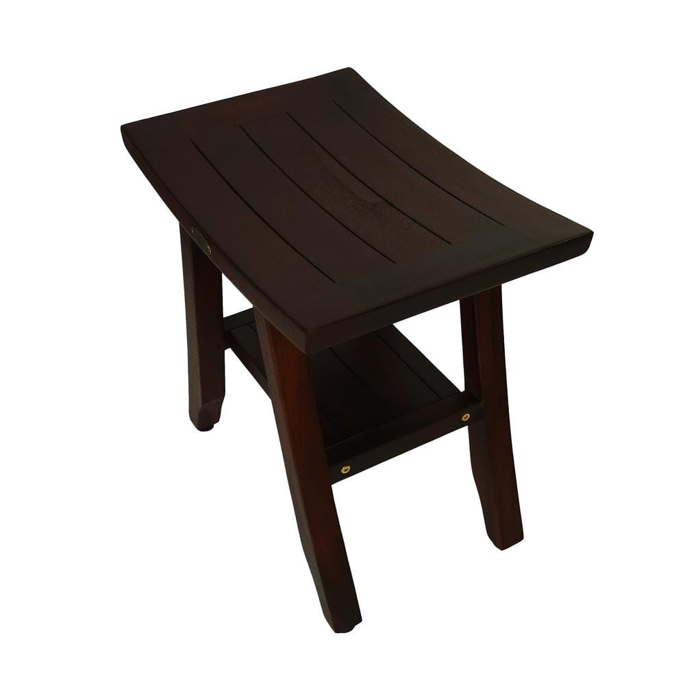 Compact Woodland Brown Teak Shower Bench with Storage Shelf