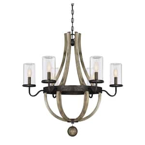 Eden 29 in. W x 30.5 in. H 6-Light Wood Outdoor Chandelier with Clear Glass Cylindrical Shades