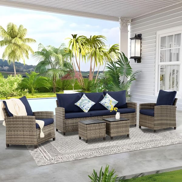 MIRAFIT 5-Pieces Patio Rattan Furniture Set Cushioned Sofa Chair Coffee with Blue cushion