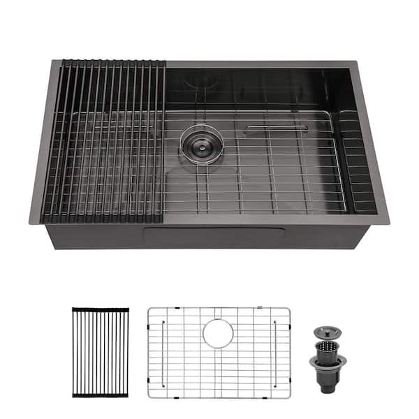 30 in. Undermount Singel Bowl 16 Gauge Gunmetal Black Stainless Steel Kitchen Sink with Drying Rack