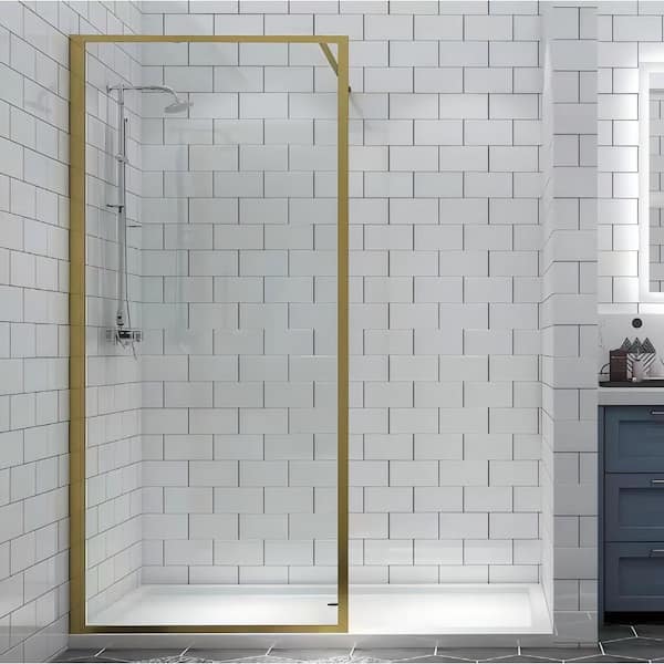 Xspracer Victoria 34 in. W x 74 in. H Fixed Framed Shower Door in Gold Finish with Clear Glass