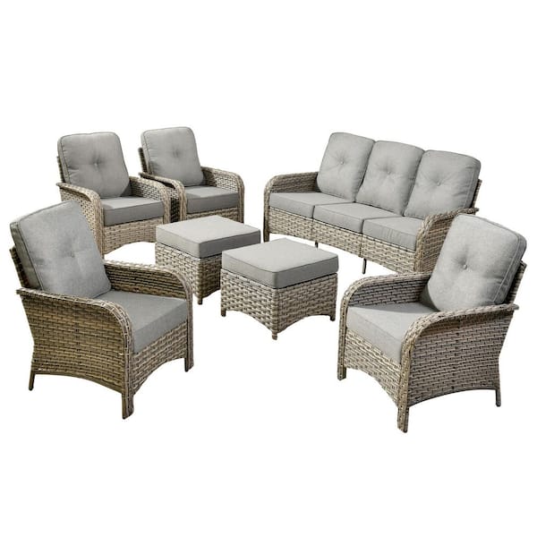 Ruby 7-Piece Wicker Modern Outdoor Furniture Patio Conversation Sofa Set with Dark Grey Cushions