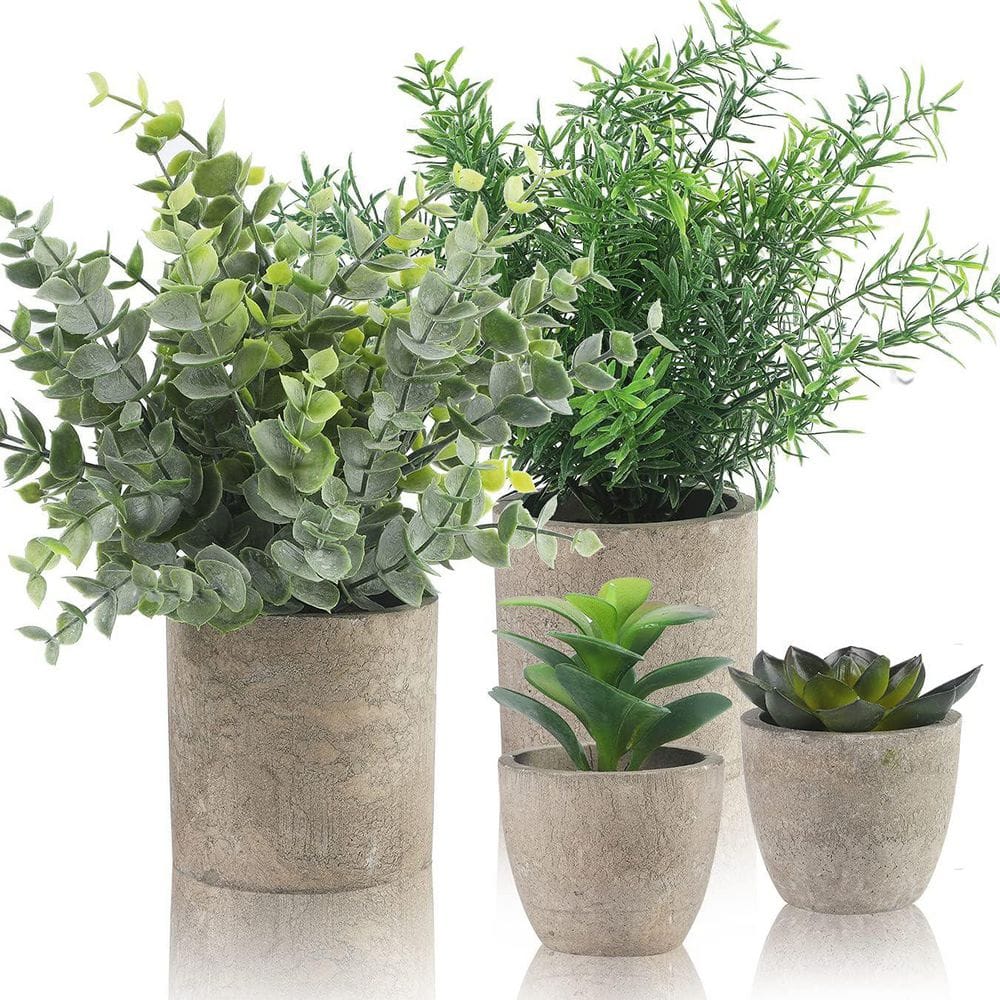 9.8 in. Green Indoor Small Artificial Eucalyptus Plants in Pot 4 Packs