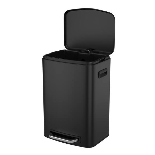 Huluwat 13 Gal. Black Metal Household Trash Can, Foot Pedal Operated Soft Close Trash Can with 30-Garbage Bags