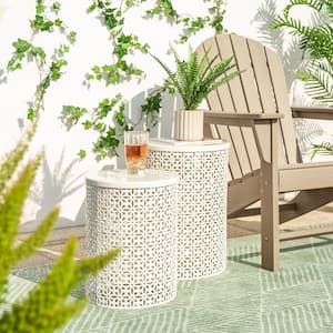 Multi-Functional Metal Cream White Garden Stool or Planter Stand or Accent Table or Side Table (Set of 2)